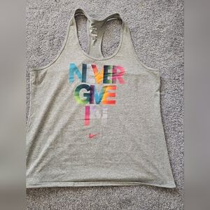 Women's XL Nike Gray Racerback Tank with Multicolor "Never Give In" Graphic